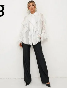 IG Women White Ruffle Fringe Shirt Lapel Collar Full Button Front Loose Oversized Long Sleeve Chiffon Blazer Blouse Elegant - Aliexpress - FashionsVida