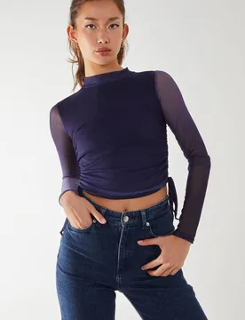 Women's Long Sleeve Ombre Mesh Top in Blue Size: Medium - Blue - Size: M - Pink Vanilla - FashionsVida