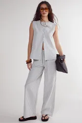 Womens Stripe Straight Leg Pant - Ecru - Size 8 Uk