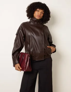 High Collar Faux Leather Jacket - S/M / CHOCOLATE - female - Blue Vanilla - FashionsVida