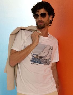 T-shirt in cotone con stampa nave - bianco