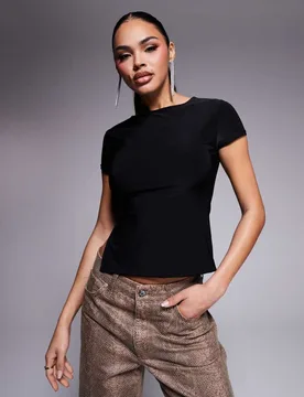 Womens Exclusive Double Layered Slinky Cap Sleeve Side Split Top In Black - Size 4 Uk - KAIIA - FashionsVida