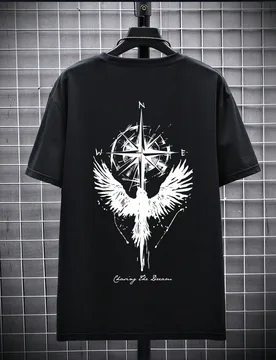Camiseta de manga corta con cuello redondo y estampado de águila & brújula para hombres, adecuada para uso diario - Shein - FashionsVida