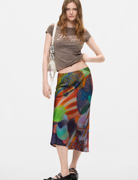 Jupe midi imprimée, , Viscose, Noir, XS