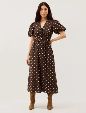 Lyocell Blend Polka Dot Midi Waisted Dress Chocolate female - Monsoon - FashionsVida