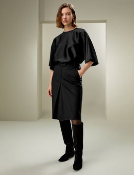 Gonna Midi Lana Seta Nera 46 Lavabile Linea A Elastica