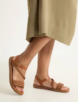Women's Good For The Sole: Isabella Flexisole Cross Strap Plait Detail Faux Leather Flat Sandals in Tan Size: 7 - Tan - Size: 7 - Dorothy perkins - FashionsVida