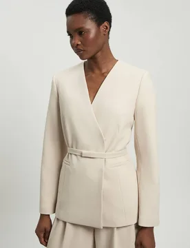 Women's Compact Stretch Belted Tailored Jacket in Oatmeal Size: 18 - Oatmeal - Size: 18 - Karen millen - FashionsVida