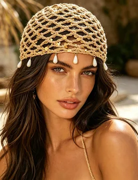 Pieza Gorro de punto bohemio con lentejuelas, sombrero de ganchillo hueco con colgante de perla en forma de gota de agua & concha, accesorio para el c - Shein - FashionsVida