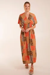 Abstract Pattern V Neck Midi Dress - Orange - Size: S