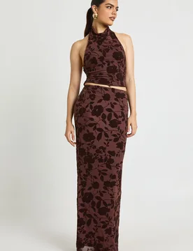 Womens Floral Devoure Maxi Skirt - Chocolate Elastane - Size 10 Uk - Boohoo - FashionsVida