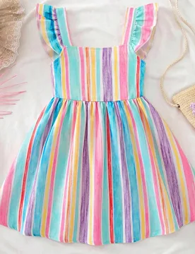 Vestido casual para niña joven estilo francés dulce tejido con estampado floral menudo colorido, lazo decorativo en la espalda, cuello cuadrado con - Shein - FashionsVida