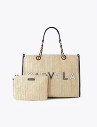 Raffia Beaded Tote Bag & Pouch Black Mix female