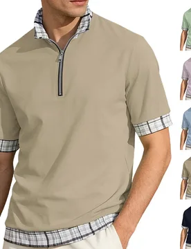 Men Half Zip Stand Collar Polo Shirt Plaid Spliced Cuff Hem Short Sleeve Tops Breathable Casual Sports Daily Wear Tees - Aliexpress - FashionsVida