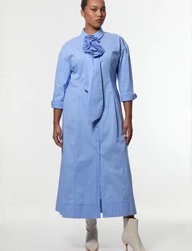 Womens Plus Size Stripe Cotton Rosette Woven Shirt Maxi Dress - Blue - Size 20 Uk - Karen millen - FashionsVida