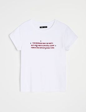 T-shirt in cotone a maniche corte con applicazioni lucide - panna