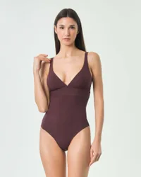 Costume intero Beachwear viola con scollo a V e spalline regolabili