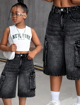 Shorts vaqueros azules vintage oversize para niñas preadolescentes - Shein - FashionsVida