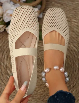 Zapatos planos Mary Jane tejidos para mujer, zapatos de malla transpirable con punta cuadrada, zapatos planos de punto cómodos y elegantes para uso c - Shein - FashionsVida