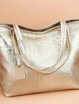 Bolso de mano con patrón de cocodrilo brillante, bolso de hombro de PU de gran capacidad de moda, bolso de mano metálico en con láser, funky y punk - Shein - FashionsVida