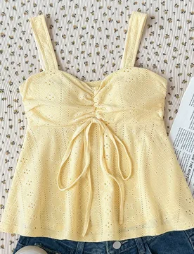 Top sin mangas de punto amarillo mostaza informal para niñas preadolescentes, versátil para tops de muñeca de verano, tops con pliegues, tops con l - Shein - FashionsVida
