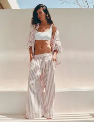 Pure Cotton Striped Wide Leg Pyjama Bottoms Red Mix female