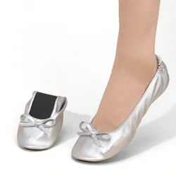 Bailarinas plegables con suela blanda y decoración de lazo, sensación de descalzo ligero, zapatos versátiles cómodos y de moda para interior/boda