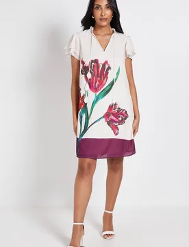 Women's Petite Floral Stripe Ruffle Neck Shift Dress in Ivory Size: 8 - Ivory - Size: 8 - Wallis - FashionsVida