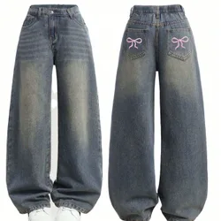 Jeans de pierna ancha con estampado de lazo suelto para adolescentes, versátil
