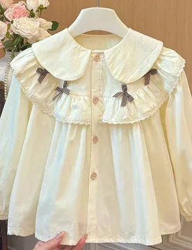 Camisa con lazo y volantes para niñas, estilo preppy, chaqueta casual de moda para primavera y otoño - Shein - FashionsVida