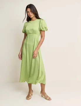 Round Neck Puff Sleeve Midi Waisted Dress Green female - Nobody's Child - FashionsVida