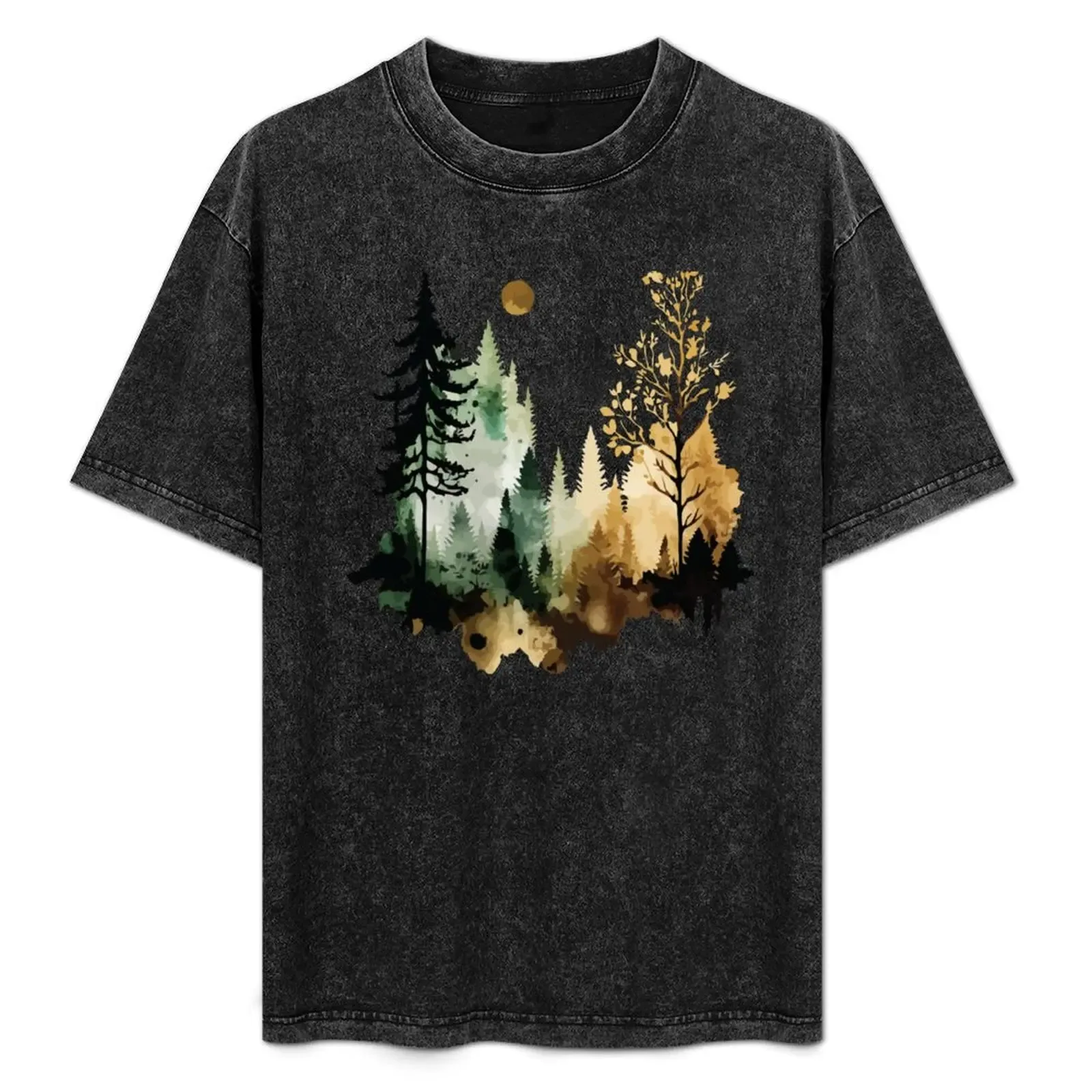 A Sepia Forest Under the Moon - Watercolor Trees and Leaves T-Shirt Basic Solid Tee for Daily Use - Aliexpress - FashionsVida