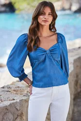 Womens Indigo Blue Twist Front Denim Top - Size 12 Uk