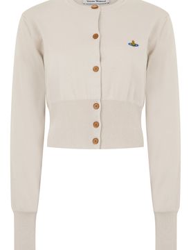 Cropped Button-Up Cardigan with Embroidered Logo