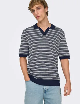 Pure Cotton Striped Polo Shirt Navy Mix male - ONLY & SONS - FashionsVida