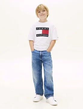 T-shirt bianca in puro cotone con bandiera logo icon - Tommy hilfiger - FashionsVida
