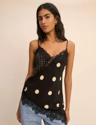 Polka Dot Lace Trim Cami Top Black female