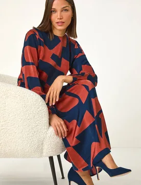 Women's Geometric Colour Block Print Midi Dress in Orange Size: 20 - Orange - Size: 20 - Roman - FashionsVida