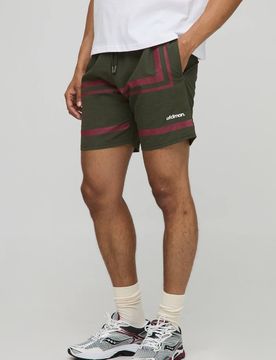 Herren Elastische Taille Entspannte Knitter-Nylon Gestreifte Shorts Dark Green Größe XS