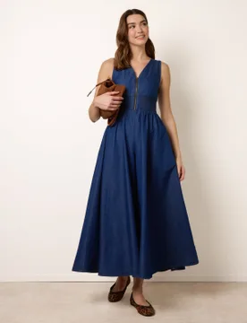 Shirred Waist Zip Front Jumpsuit - S / DENIM - female - Blue Vanilla - FashionsVida