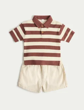 Striped Knit Top & Shorts Outfit (0-5 Yrs) Brown male - M&S - FashionsVida