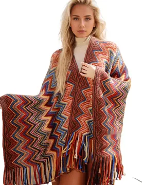 Poncho 2025 Spring and Autumn Cloak New Knitted Shawl with Tassel Wavy Stripes Colorful Slit Knitting - Aliexpress - FashionsVida