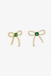 Gold Plated Crystal & Emerald Bow Stud Earrings - Gold - Size: One Size