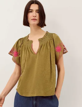 Pure Cotton Embroidered V-Neck Top Khaki female - Monsoon - FashionsVida