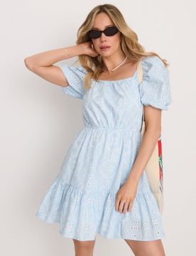 Abito mini in cotone con motivo in pizzo - blu pallido