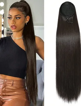 Extensión de coleta larga y recta con cordón, extensión de cabello natural y suave con clip, pieza de peluca sintética resistente al calor, 32 pul - Shein - FashionsVida