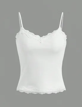 Camiseta sin mangas con cuello en V y encaje de contraste, dulce y linda, para adolescentes en verano - Shein - FashionsVida