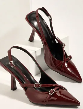 Sandalias de tacón alto de stiletto con punta puntiaguda, correas cruzadas y hebilla en color borgoña para boda, fiesta, San Valentín. Tacones de g - Shein - FashionsVida