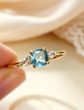 Pieza Anillo cuadrado de plata de ley S925 con acuamarina romántica incrustada con circonita brillante, joyería de calidad elegante para mujeres, ad