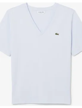 Camiseta de mujer de corte holgado con cuello de pico de algodón suave de manga corta - Lacoste - FashionsVida